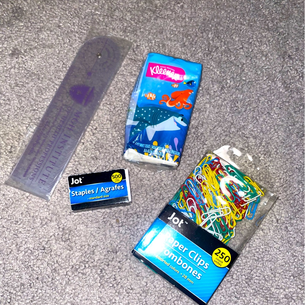 4 piece bundle back to school ruler, paper clips, staples, tissue paper